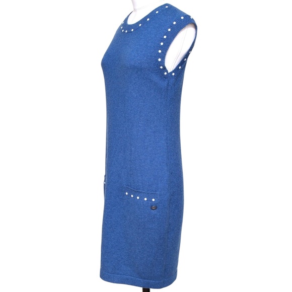 CHANEL Blue Sweater Dress Knit Pearls Shift Pockets Sleeveless Cashmere Sz 34 - Picture 4 of 10